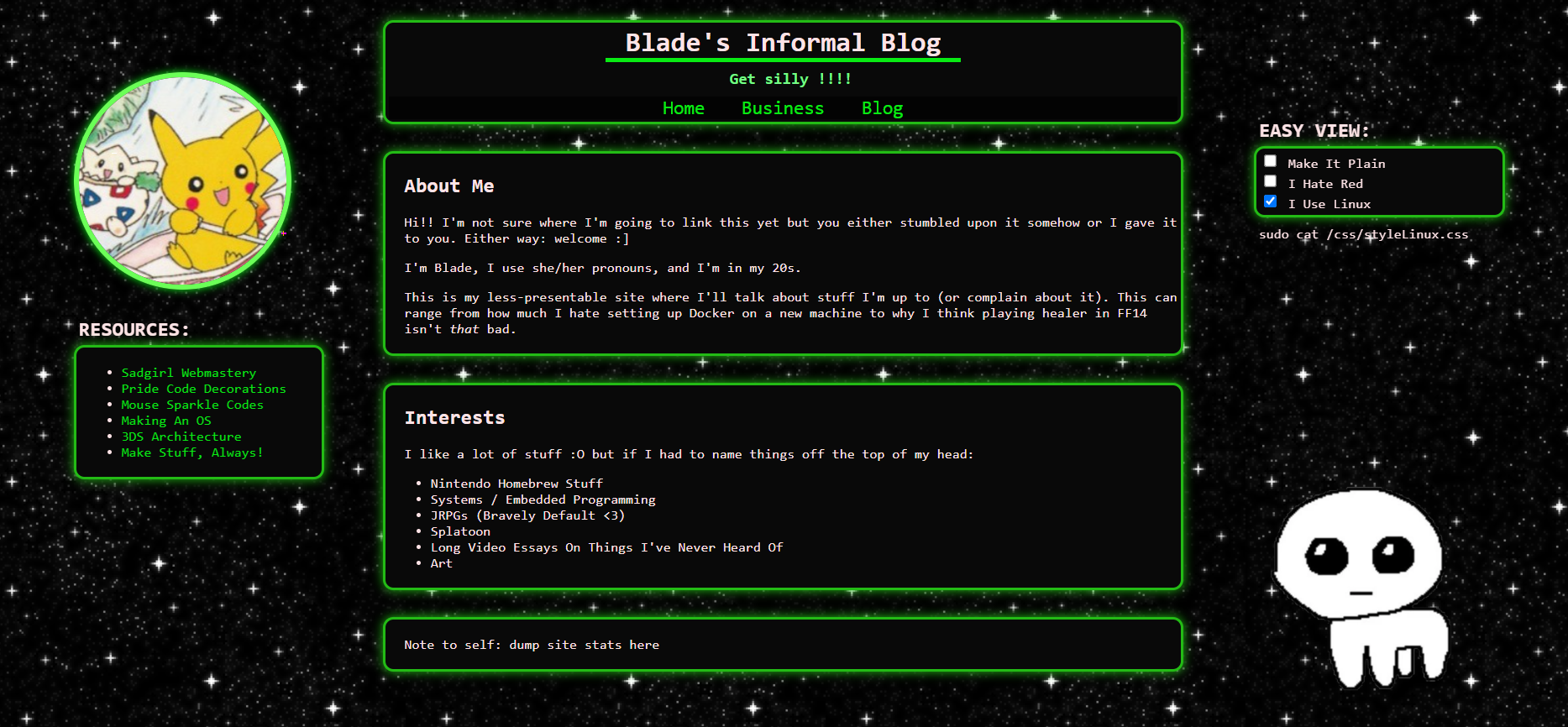 A screenshot of a blog website titled 'Blade's Informal Blog'. There is a profile picture of a pikachu in a boat along with a side-bar image of a small creature, presumably drawn in MS Paint.